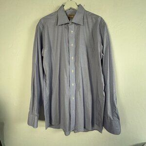 Gitman Bros Mens 17 35 Blue Plaid Long Sleeve Button-Up Dress Shirt 100% Cotton